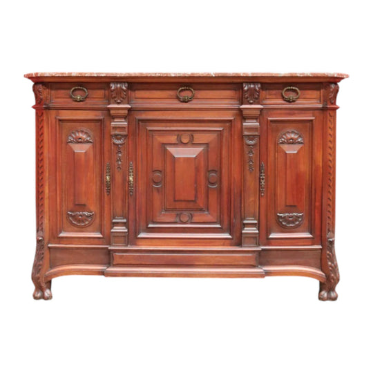 Antique French Walnut Breakfront Sideboard with Marble Top and Carved Detail. B12252