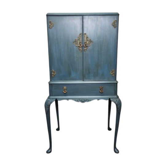 Painted Drinks Cabinet with Layered Surface, Clear and Dark Wax Finish, Internal Light