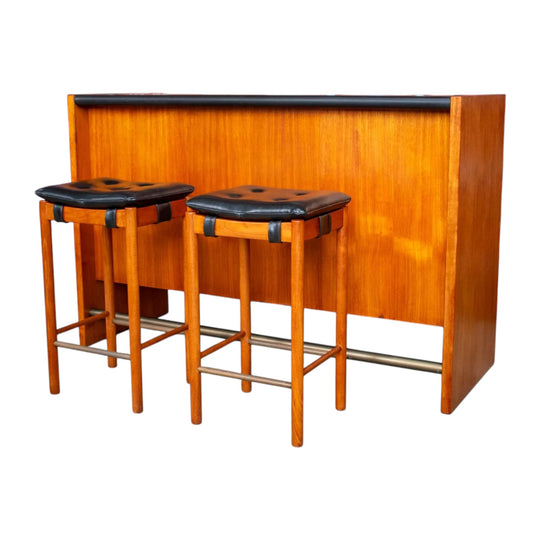 Rare Parker Teak Bar with Two Original Stools – Complete Mid‑Century Suite