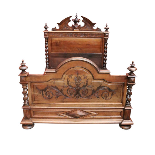 An impressive Antique French Walnut Queen Size Bed - Head, Foot, Rail and Slats B13017