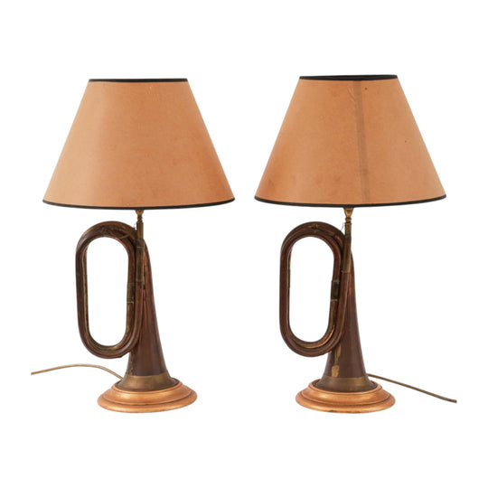 Pair of lamps fashioned from vintage bugles on giltwood base