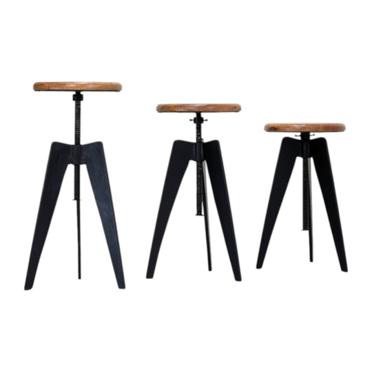 Industrial Adjustable Tripod Stools in Solid Oak and Steel