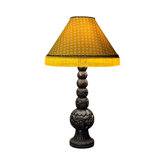 Vintage Carved Timber Table Lamp with Yellow Tasselled Block Print Shade
