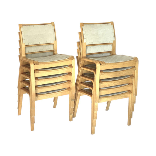 12 x Danish Beech Stacking Dining Chairs. Original Woven Canvas Upholstery. Priced individually.