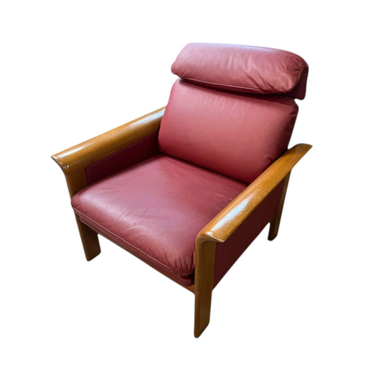Timber Armchair with Sculpted Curved Armrests & Burgundy Leather Cushions