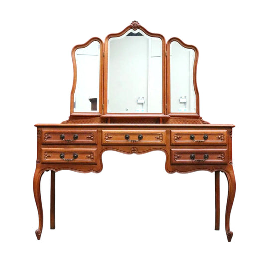 Vintage French tri mirror dressing table with bevelled mirrors and five drawers. B12801
