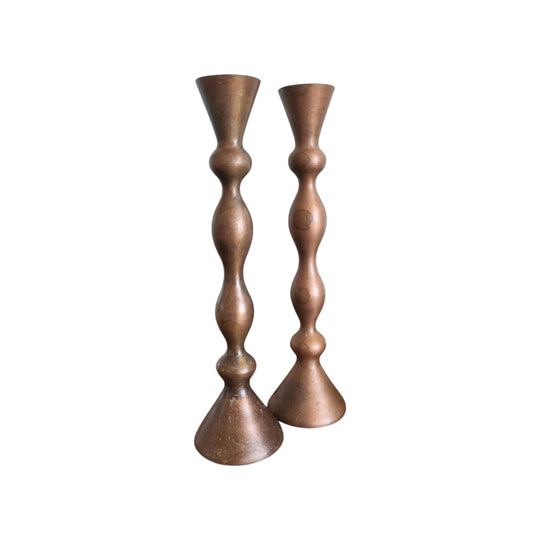 Pair of Post-Modern Turned Copper Candle Holders, Burnished Finish, 31 cm