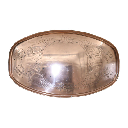 Large W A S Benson copper tray decorated with tulip pattern