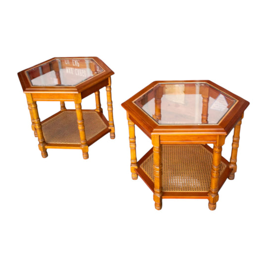 Pair of 1970s–1980s Hexagonal Side Tables – Inset Glass Tops, Cane/Rattan Lower Shelves, Turned Timber Legs