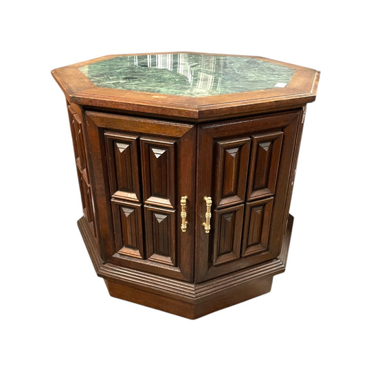 Vintage Hexagonal Wood & Green Marble Side Table