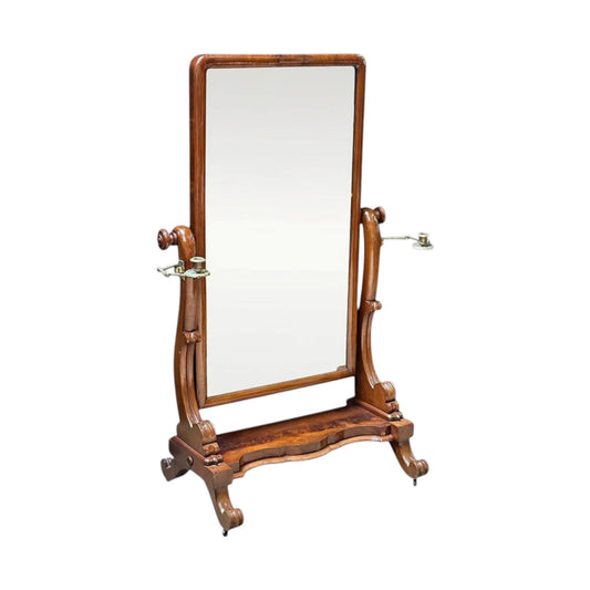 English mahogany cheval mirror with sconces c.1870