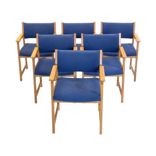 Set of 6 Danish Beech Dining Chairs. Original Blue Wool Upholstery. Priced individually.
