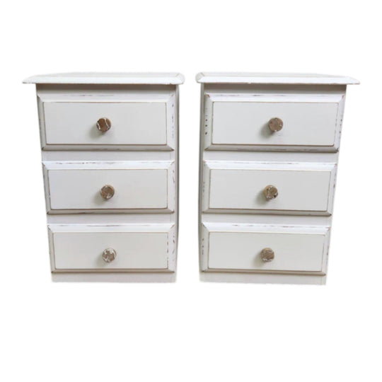 Pair of French Country Style Bedside Tables White with Distressed Edges
