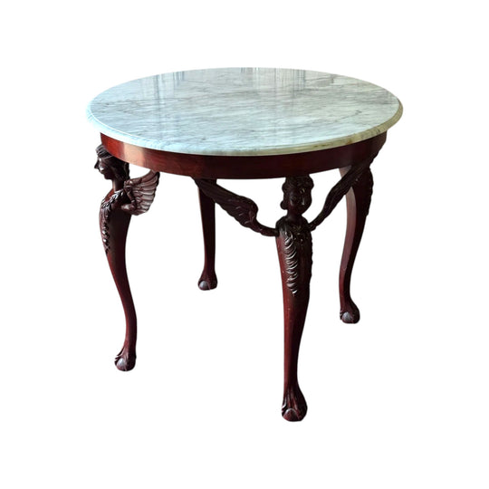 Vintage Carrara Marble Centre Table with Carved Timber Base, Monopedic Supports and Claw Feet