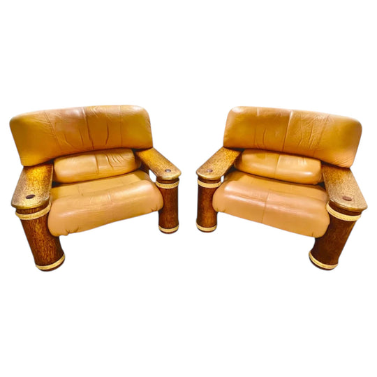 Pair of Pacific Green Messina Lounge Chairs in Palmwood and Tan Leather