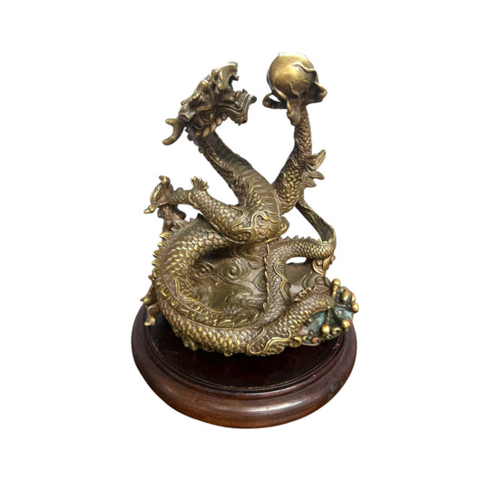 Bronze Chinese Dragon On A Wooden Stand