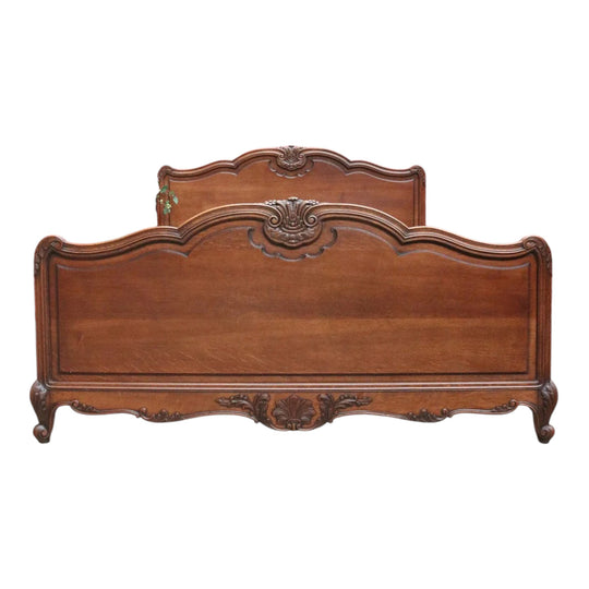 Antique French Solid Oak Queen-Size Bed Frame with Carved Headboard and Footboard, c. 1920