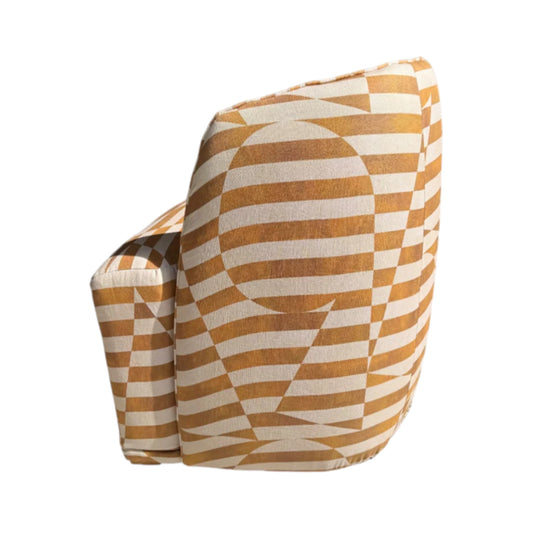 Golden Graphic Reupholstered Vintage Occasional Armchair – 100% Printed Heavyweight Linen, Ochre Stripes on Ivory