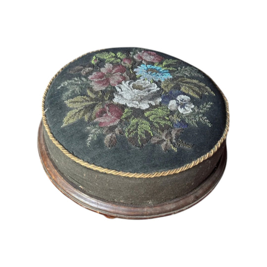 Antique Victorian Footstool with Original Beaded Tapestry Upholstery
