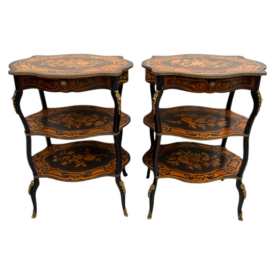 Pair of Late 19th Century Ebonised & Marquetry Three Tier Etageres
