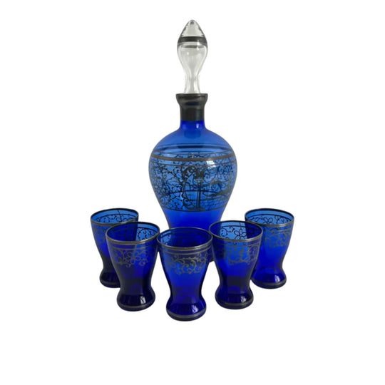 Hand Blown Italian Cobalt Silver Overlay Cordial Set