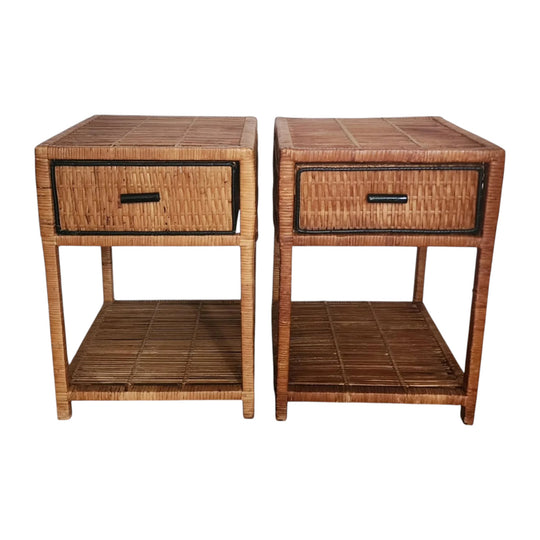 Pair of Vintage Rattan Bedside Tables with Black Trims