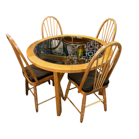 Wooden Round Glass Top Dining Table & 4 Chairs with brown velvet cushions
