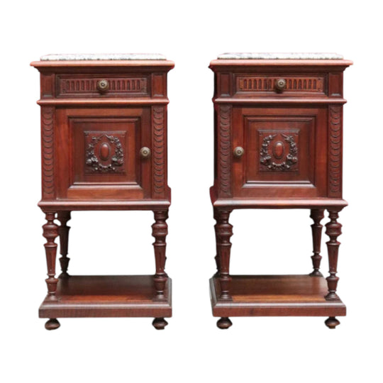 Antique French Walnut Marble Top Bedside Cabinets True Pair. B12929