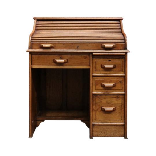 Antique English oak single pedestal roll top desk with key and fitted interior. B13022