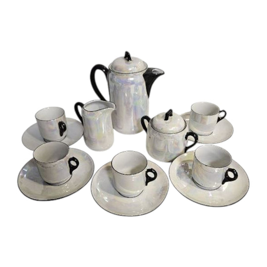 Antique Czech 13 pcs Coffee Set Pearl White Iridescent Lustre with Black Trims
