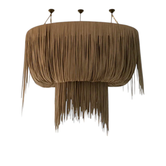Large Oval Urchin Leather Chandelier – Handcrafted Leather Fringe Pendant Light