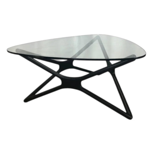 Glass top triangular coffee table black oak legs