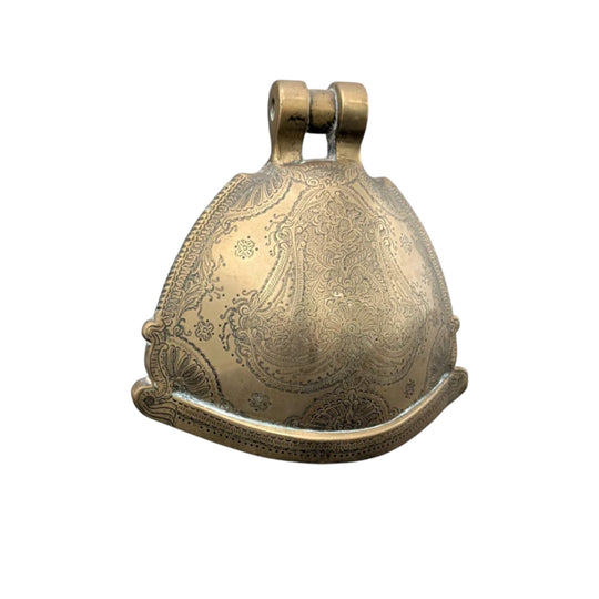 Vintage Indo-Persian Cast Brass Livestock Bell with Wooden Clapper, Hand-Chased, Late 19th–Early 20th Century