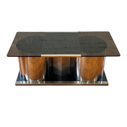 Italian Glass and Chrome Bar Coffee Table with Swivel Top