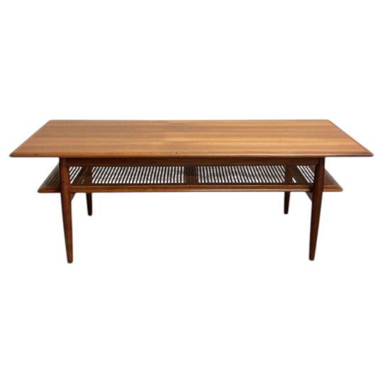 Mid Century Parker Teak Coffee Table With Rattan Shelf*