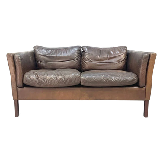 Danish 2 Seat Chocolate Brown Leather Sofa