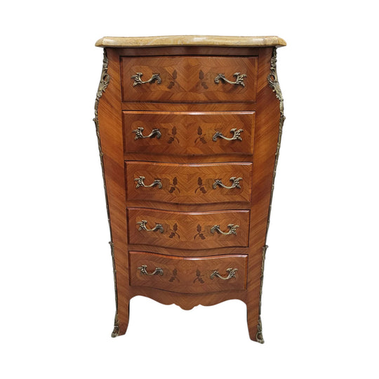 French Chest of Five Drawers With Marble Top & Marquetry Inlay