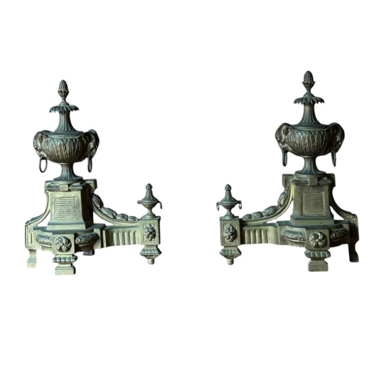 Pair of 19th-Century Bronze Andirons with Rams-Head Handles, Classical Urn and Pineapple Finials