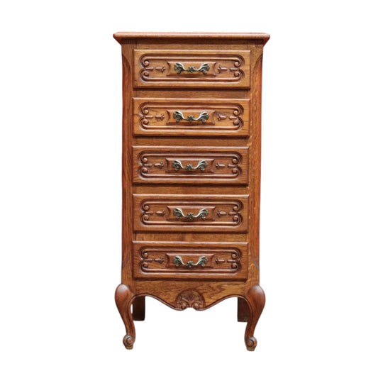French Oak Five Drawer Chest Cabriole Legs Brass Handles Vintage. B12807