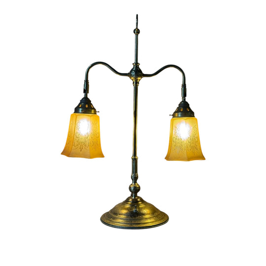 Early 20th Century Brass Double Student Lamp with Etched Glass Shades