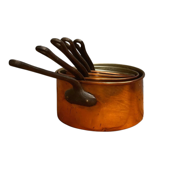 Vintage French Copper Saucepans, Set of Five - Hand-Hammered, Tin-Lined, Riveted Steel Handles
