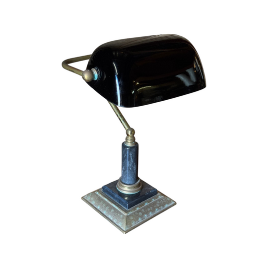 Vintage Brass Bankers Lamp With Marble Base & Black Glass Shade