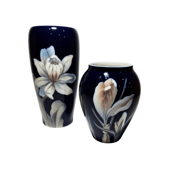 2 x Royal Copenhagen Hand Painted Cobalt Blue Porcelain Floral vases