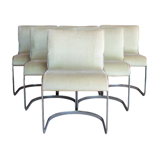 Set of Six Vintage Chrome Cantilever Dining Chairs — Light Sage Upholstery