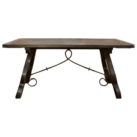 20th Century Refectory Spanish Table with Lyre Legs and Iron Stretch