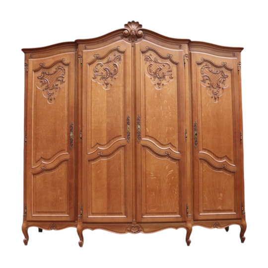 Antique French Wardrobe, French Oak 4 Door Armoire Wardrobe Linen Press Cabinet B12803