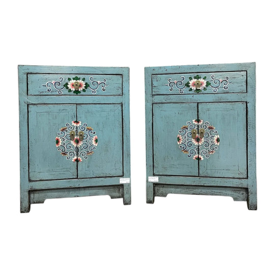 Chinese Blue Lacquered Side Cabinet, Floral Motif