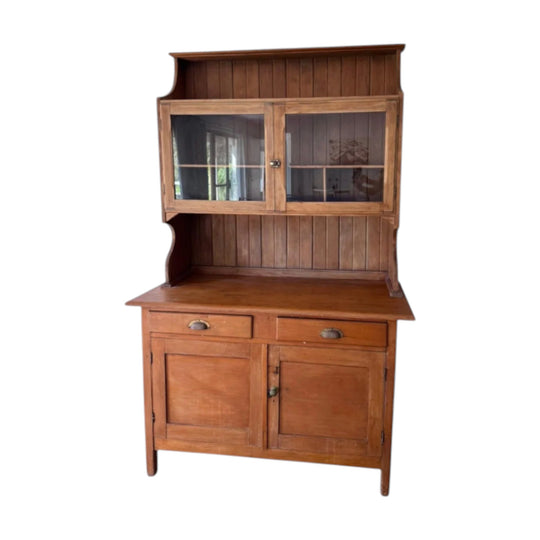 Vintage Solid Timber Kitchen Hutch with Glass Display, Cupboard Storage and Drawers, Two-Piece