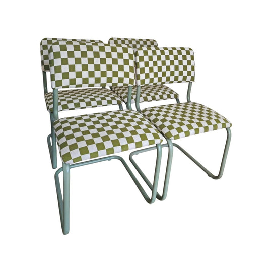 2x Upcycled Olive Checkered Cantilever Chairs $240 each.