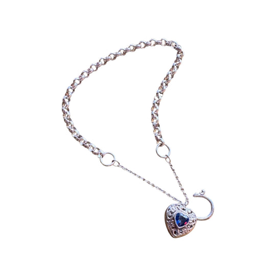 Vintage Sterling Silver Rolo-Link Heart Padlock Bracelet